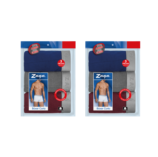 Boxer Corto Algodón 100% 6Pack Azul, Gris, Vino