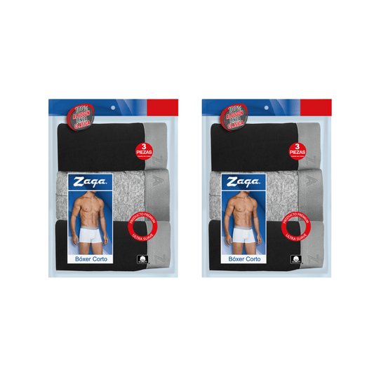 Boxer Corto Algodón 100% 6Pack Negro, Gris, Negro