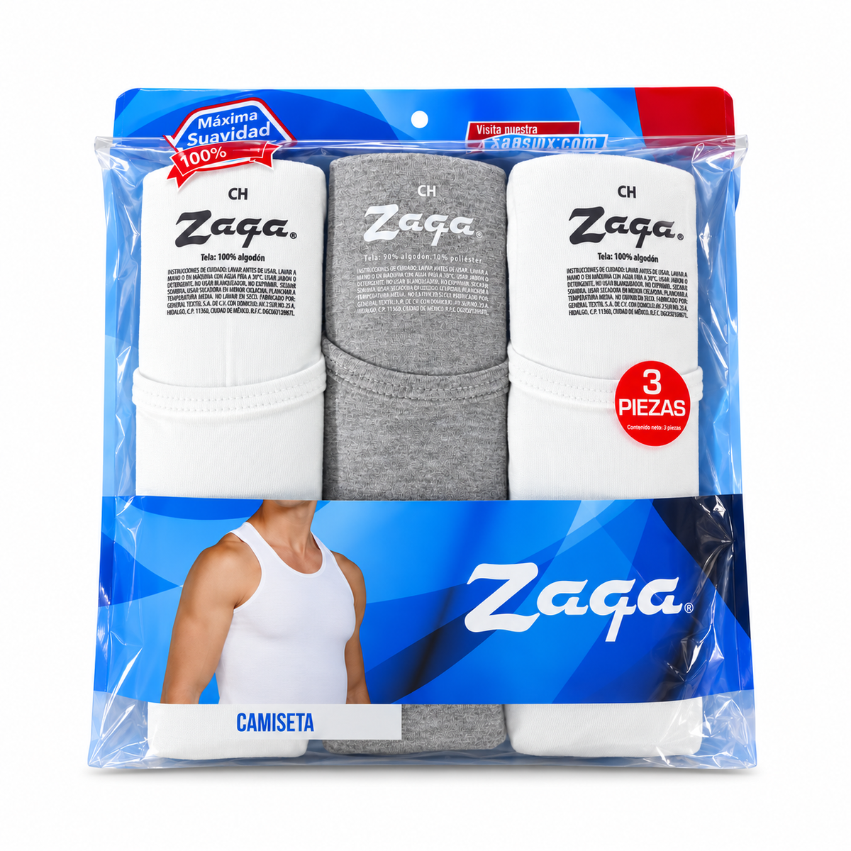 Camiseta Zaga Cuello Redondo Blanca 3 Pack